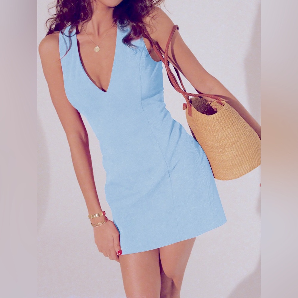Commense Sky Blue V-Neck Mini Dress